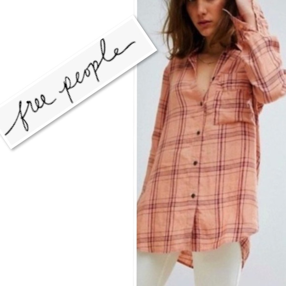 Free People Peach Linen No Limits Button Down Plaid Shirt Size L/G - Picture 3 of 11